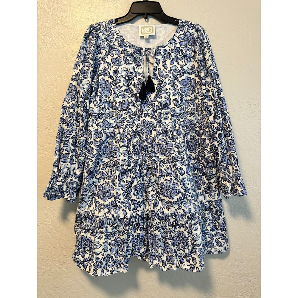 Sail to Sable Blue Floral V-Neck Tie Dress Medium Long Sleeve